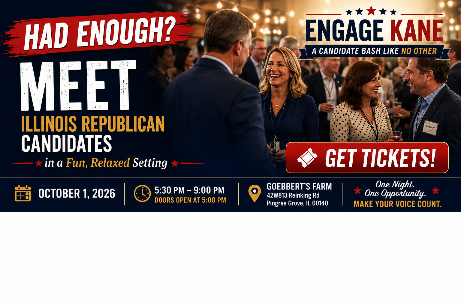 Engage Kane candidate bash at Goebbert's Farm on October 1, 2026, from 5:30 PM to 9:00 PM