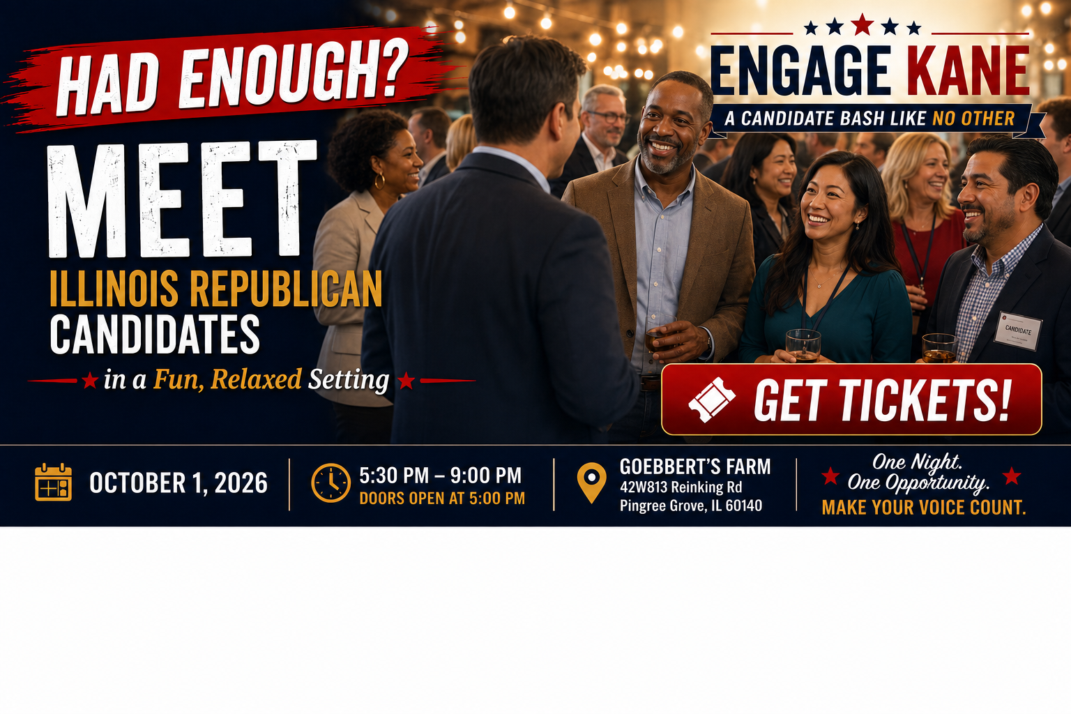 Promotional artwork showing a diverse group for the Engage Kane candidate bash at Goebbert's Farm on October 1, 2026, from 5:30 PM to 9:00 PM