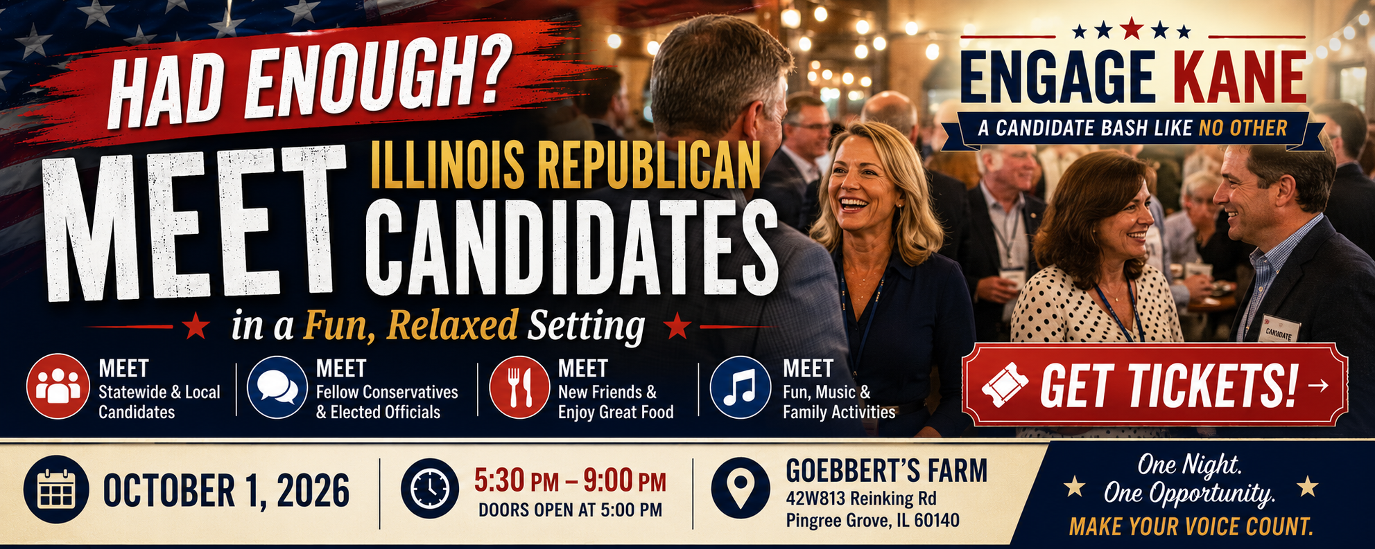 Engage Kane candidate bash at Goebbert's Farm on October 1, 2026, from 5:30 PM to 9:00 PM