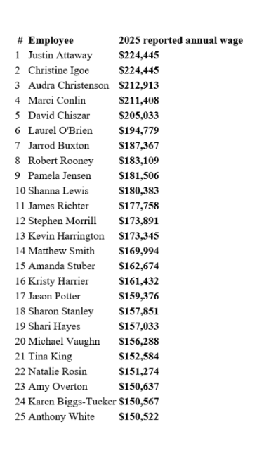 Screenshot of a salary table listing the top 25 paid D303 employees with 2025 reported annual wages