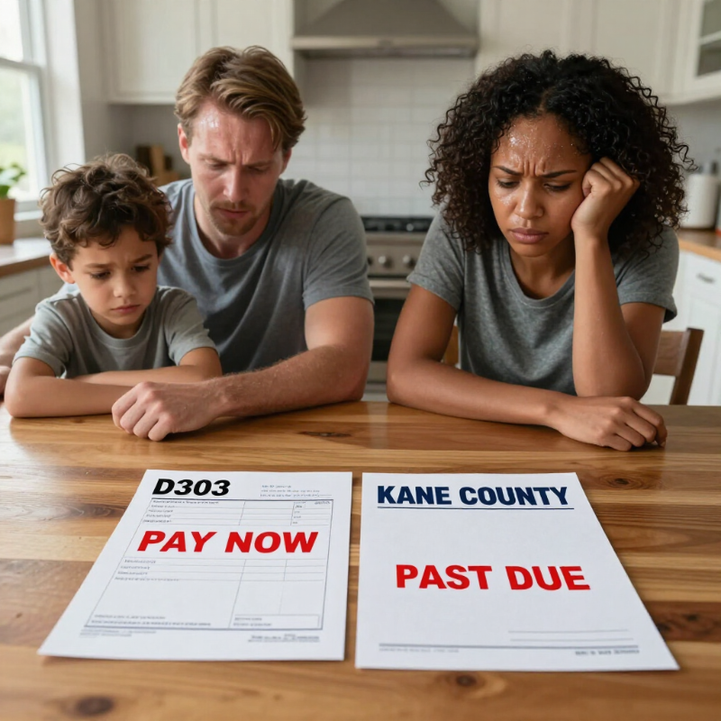 A worried family at a table with bills marked D303 pay now and Kane County past due